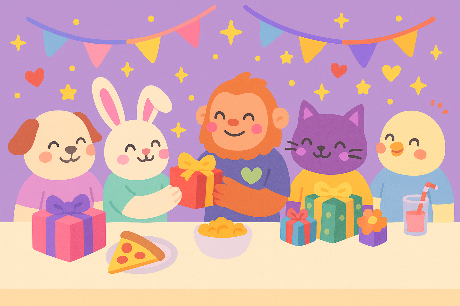 People happily exchanging gifts around a table.